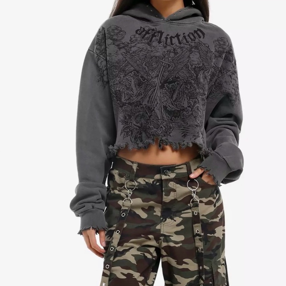 Affliction Angel Destructed Girls Crop Hoodie - Picture 3 of 5